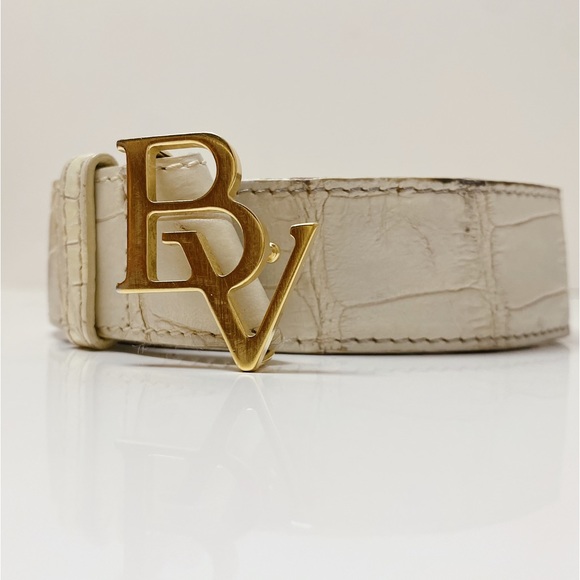 RARE Vintage Bottega Veneta Gold BV Logo Monogram Cream Matte Crocodile Belt S main image 7